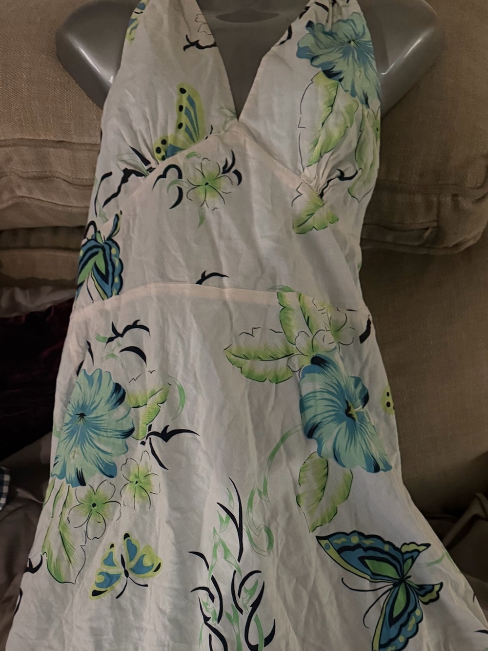 Bandolino White Halter Maxi Dress with Blue & Green Floral Print
